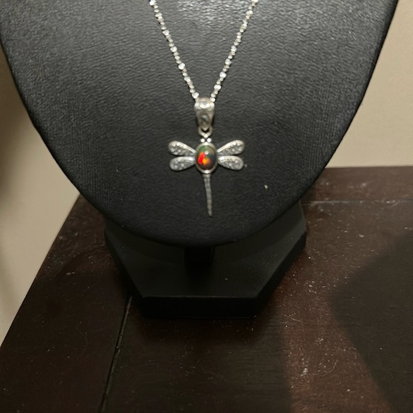Elegant Black Fire Opal with Silver 925 Dragonfly Pendant on 925 Chain - Picture 7 of 9